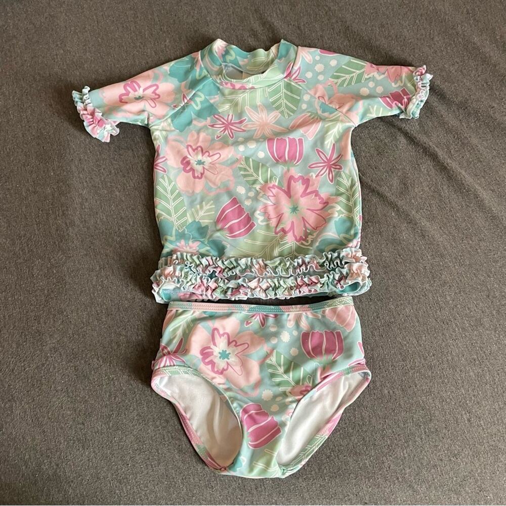 Ruffle Butts Pink Blue Floral Tropical Two Piece Swimsuit Rashguard Toddler 2T